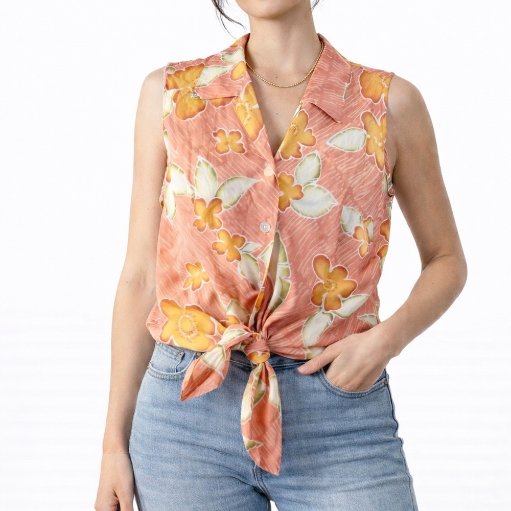 Tommy Bahama Floral Tie Front Blouse Peach Yellow Sleeveless Button Top L